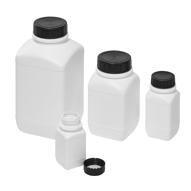 Flacon carré blanc PE-HD 2500 ml, bouchon noir